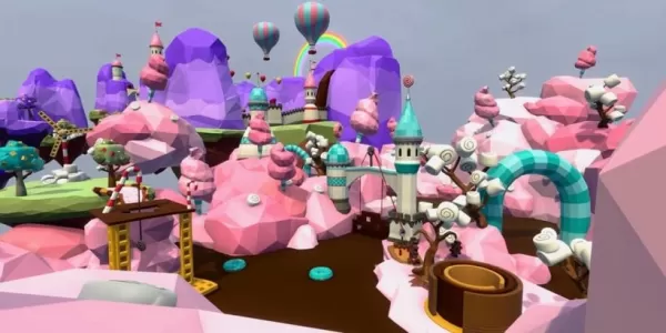 Ein Bild von Wonkaesque Candyland mit Schokoladenflüssen und Wattestäbe Candy Hills