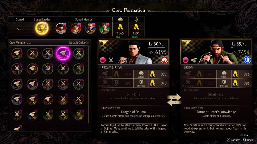 The Crew Formation stat screen for Jason in Like a Dragon: Pirate Yakuza in Hawaii