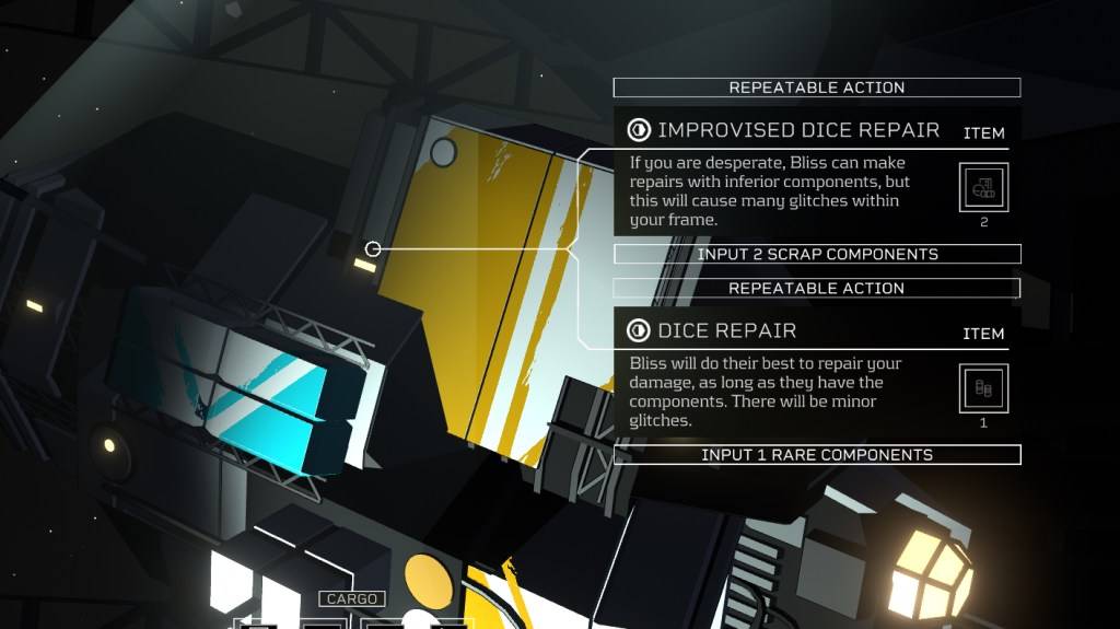 An image showing the dice repair screen in Citizen Sleeper 2 as a guide to how to repair them.