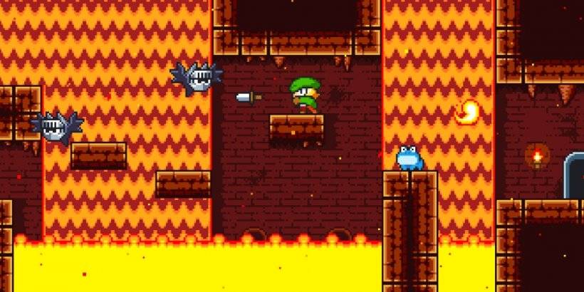 Le héros de Tiny Dangerous Dungeons jette un couteau sur une batte tandis que la lave coule en arrière-plan