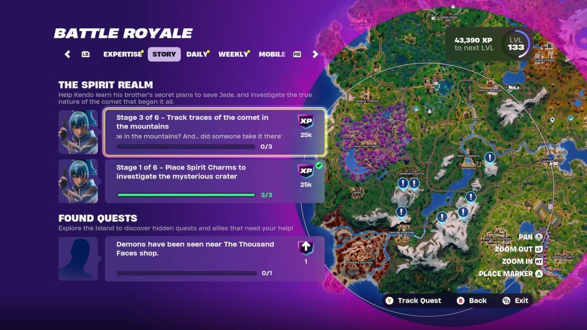 Mapa destacando locais de rastreamento do cometa em Fortnite.