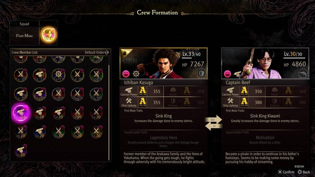 The Crew Formation stat screen for Captain Beef in Like a Dragon: Pirate Yakuza in Hawaii