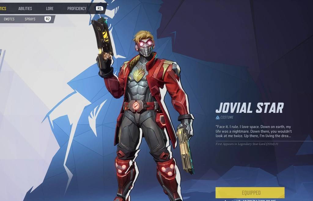 Star-Lord in zijn joviale sterhuid op het selectiemenu als onderdeel van een artikel over gratis Marvel Rivals Skins.