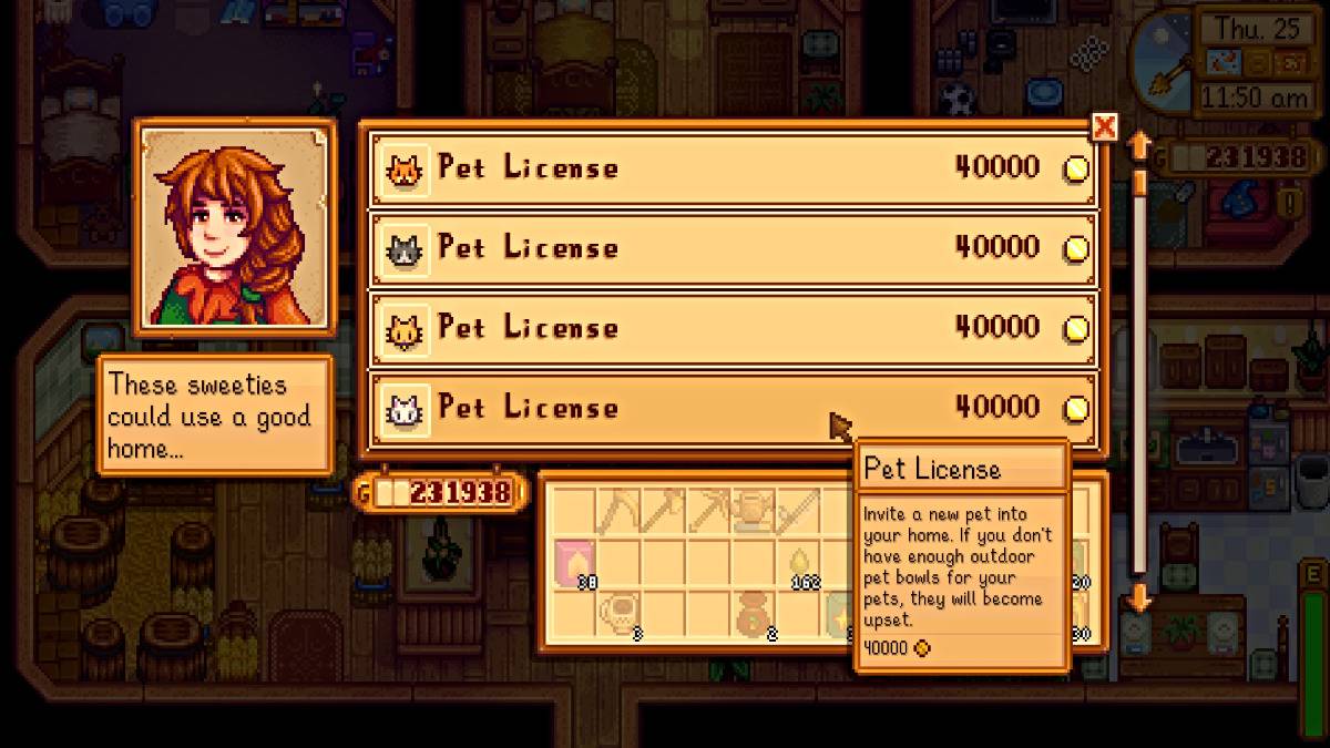 Stardew Valley'de Marnie Ranch Mağazası Pet Lisans Envanteri