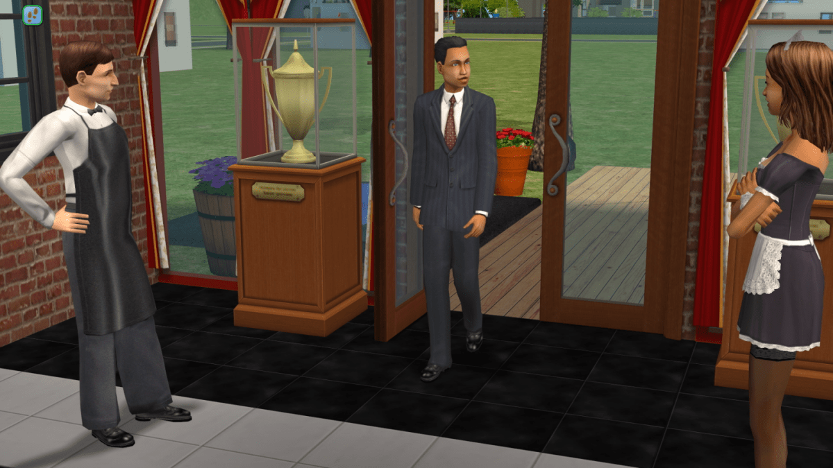 A Sim dining in a restaurant