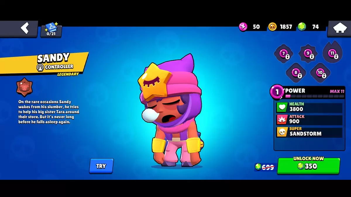 Brawl Stars में सैंडी प्रोफाइल।